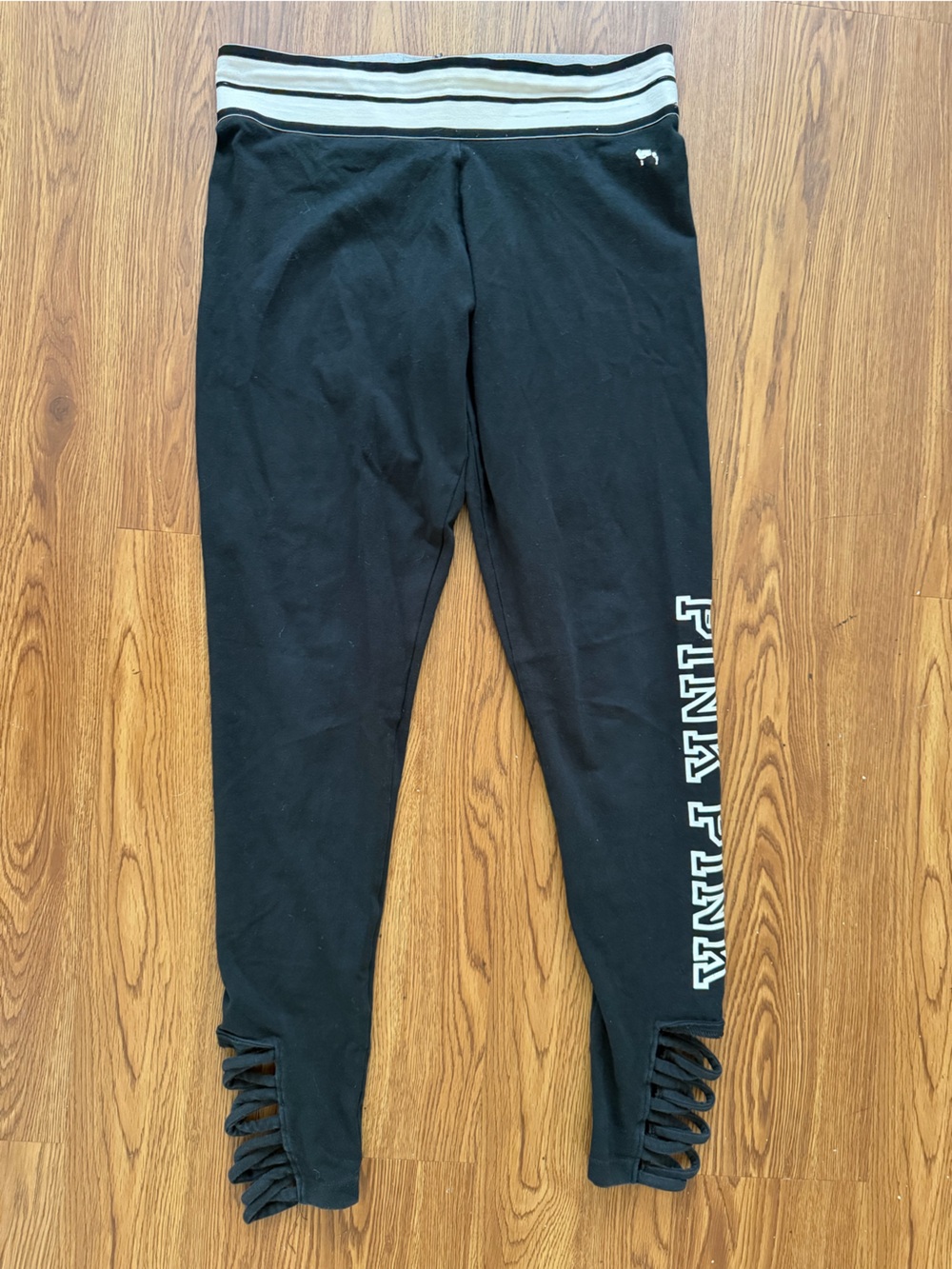 PINK Victoria's Secret Black Leggings with White Waistband and Side Logo